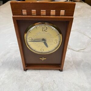 Vintage Lanshire Electric Mantle Clock Wood Mid Century Modern Model T5 Winged